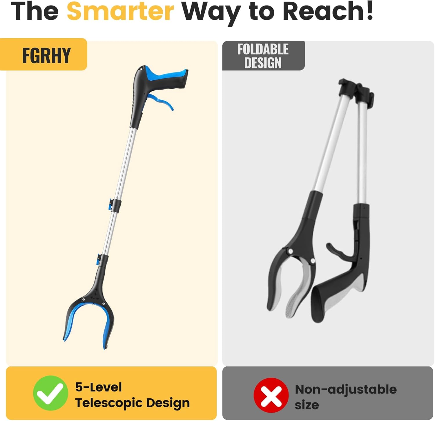 Telescopic Grabber Reacher Tool, 5-Level Adjustable Length (23'' to 41'') - Trash Claw Gripper, Pickup Stick for