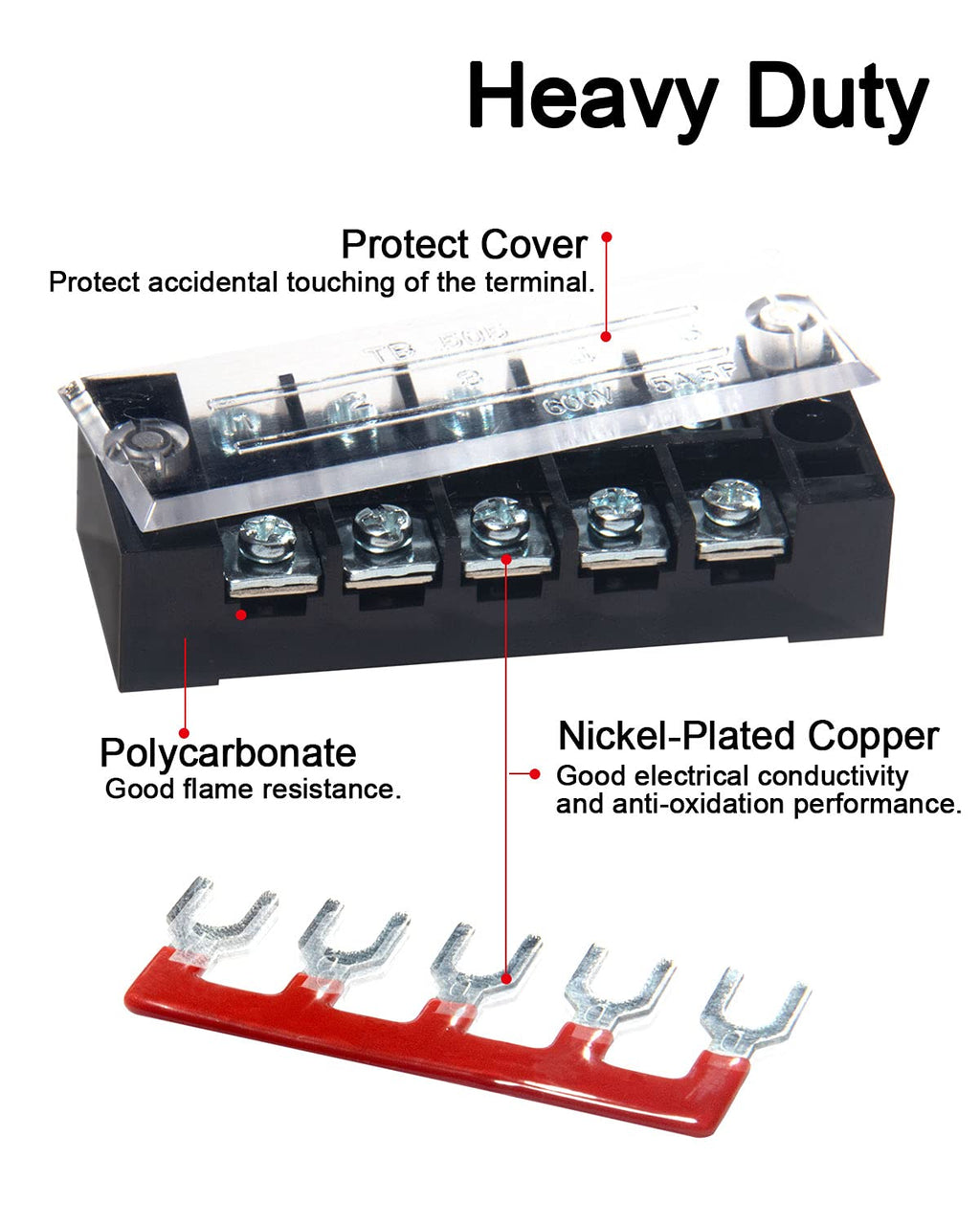 Terminal Block, 5 Circuits 600V 15A Dual Row Screw Terminal Strip, 5 Sets