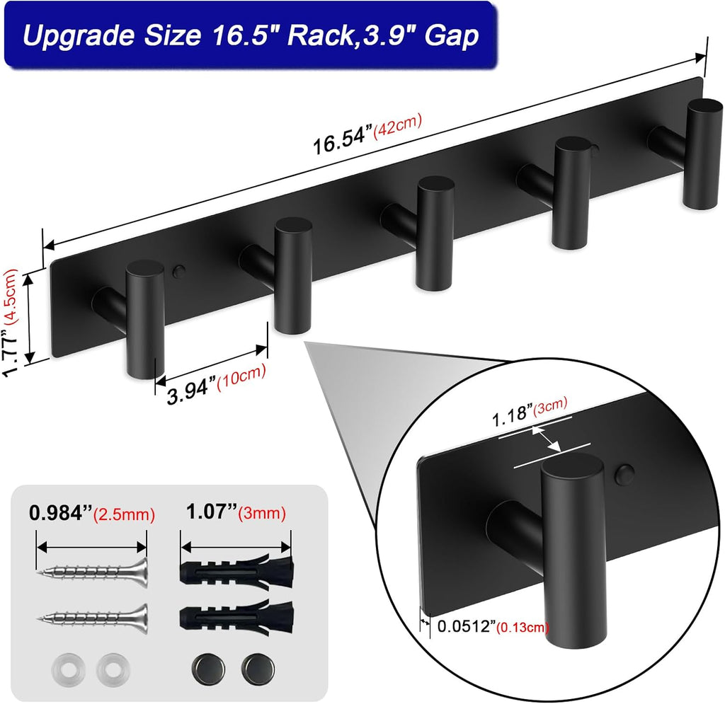 Coat Rack Wall Mount - 5 Coat Hooks, Towel Racks for Bathroom Robes Bags Keys, Hat Rack Wall Towel Hooks Organizer
