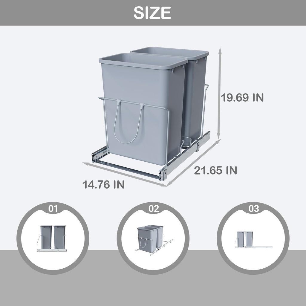 Double Pull-Out Trash Can, 35QT Under-Cabinet Kitchen Bin, Metal Frame, Grey, Fits Above 18” Opening Cabinets