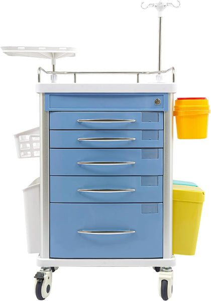 Medical Rolling Crash Cart with Accessories-CPR Board, 2 Trash Bin, Drawers with Dividers, Mobile Medical Cart for