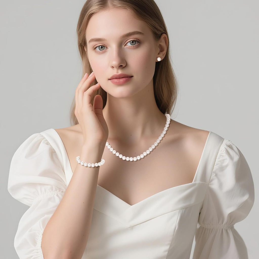 Pearl Necklace and Earring Set Include Stunning Bracelet, Pearl Jewelry Set for Women with Preserved Rose Box