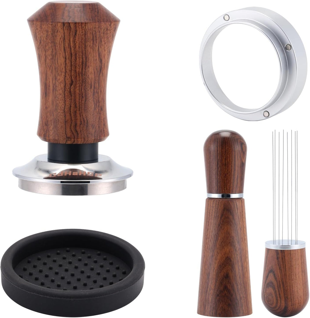 51mm Espresso Accessories Kit with Tamper, WDT Tool and Funnel | Rosewood spring-loaded espresso tamper and WDT tool