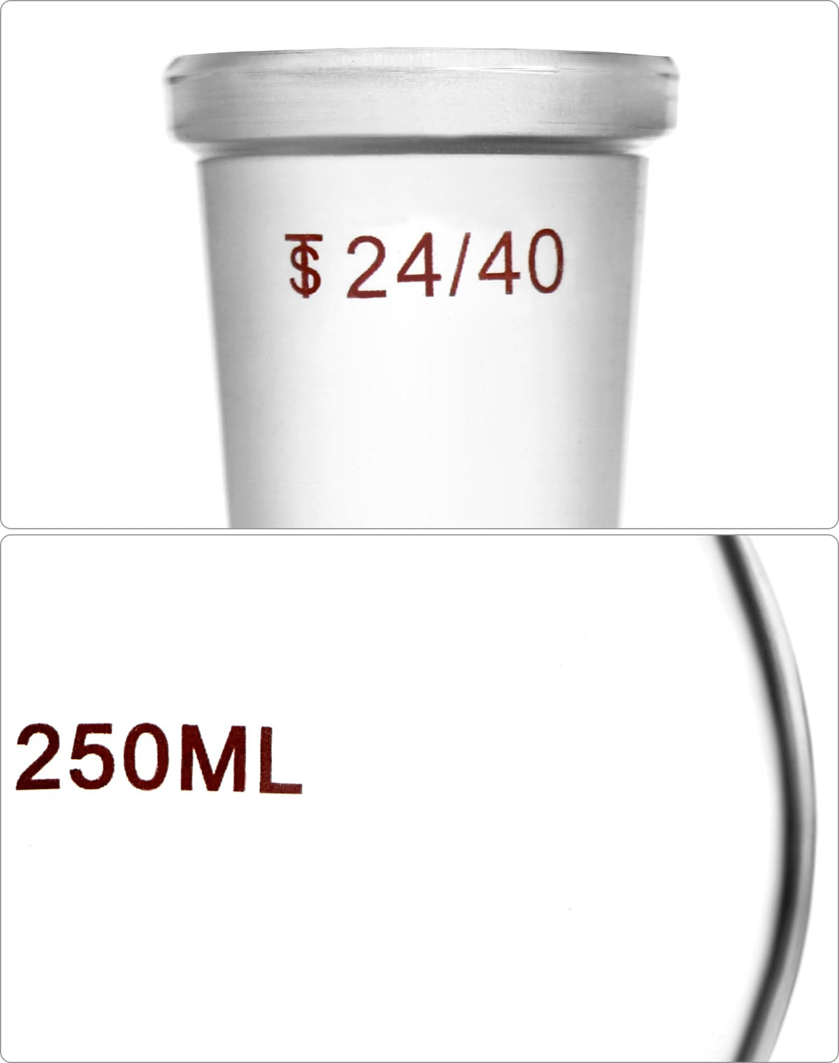 250ml Borosilicate Glass Boiling Flask with 24/40 Standard Taper Outer Joint, Single Neck Round Bottom, 2 Pack