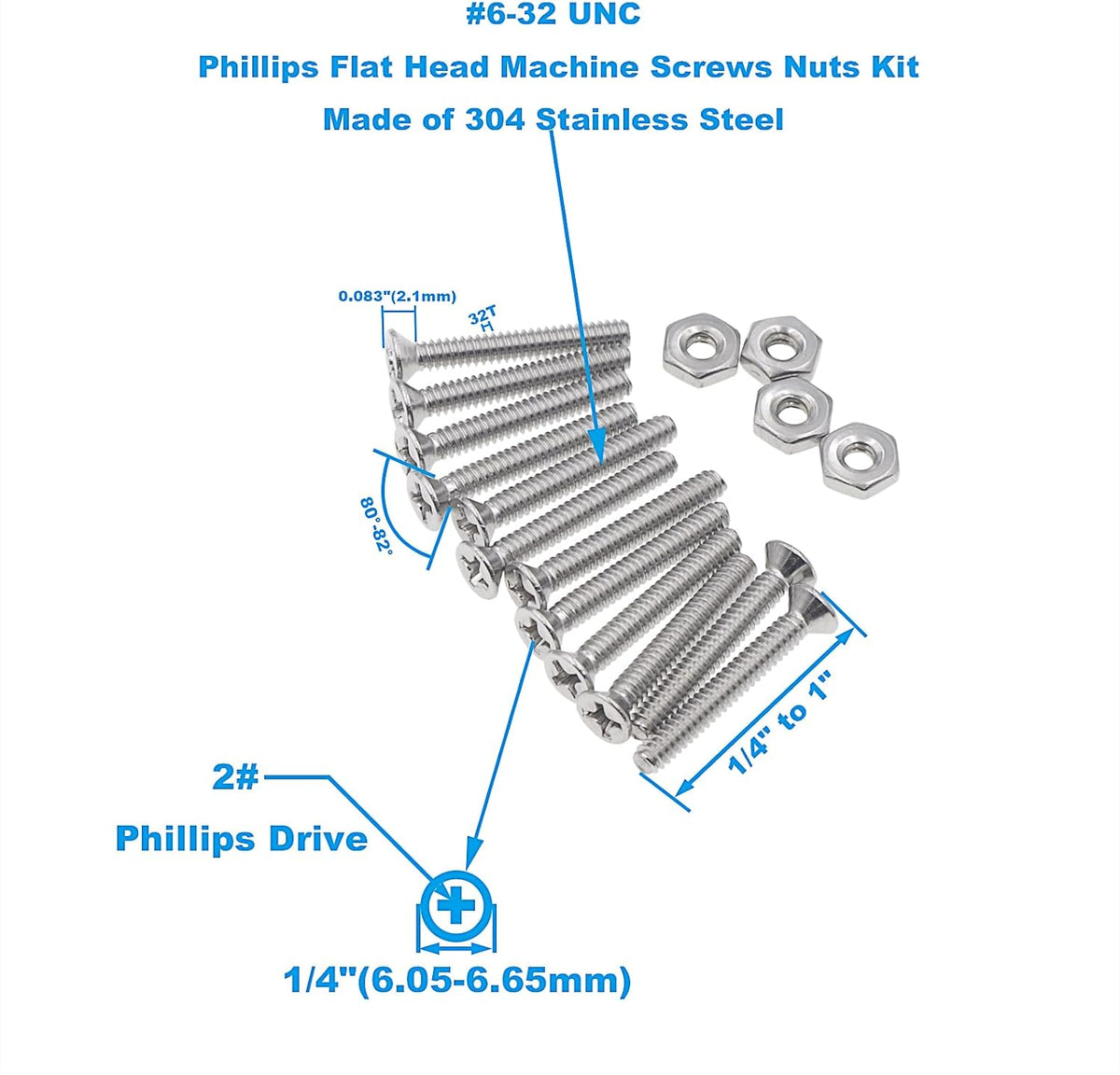 #6-32 UNC Stainless Steel Phillips Flat Head Machine Screws Nuts Kit