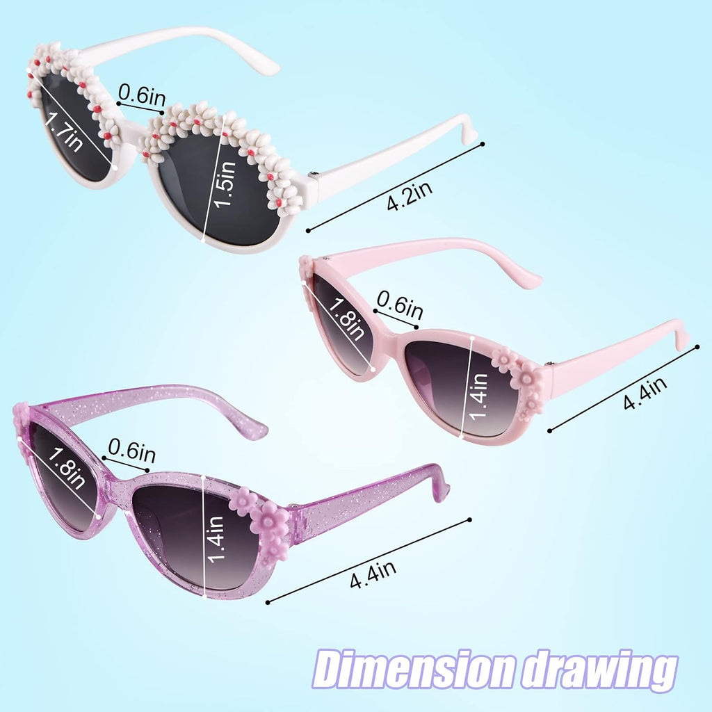 3-Pairs Gift Kids Sunglasses Girls, Cute Flower Frame Cartoon UV400 Glasses, Toddler Sunglasses for Ages 3-10