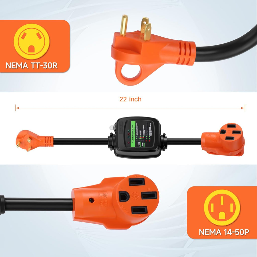 30 Amp to 50 Amp RV Adapter with Surge Protection | Surge Protection, Overload Protection, Heavy Duty, LED Indicator