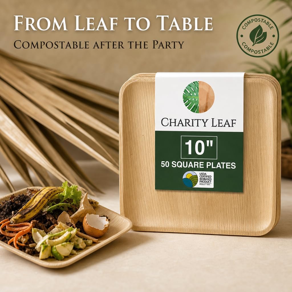 Compostable Bamboo 10" Square Dinner Plates (50-pack) | Premium, 100% Natural, Disposable, Heavy Duty | Perfect for