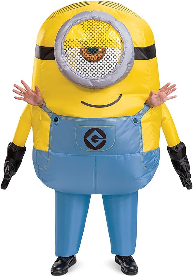 Stuart Minion Inflatable Costume for Men, Official Minions Halloween Costume, Blow Up Jumpsuit with Fan, Adult Size
