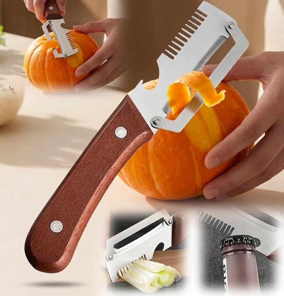 2-Pack Multifunctional Vegetable Peeler, 3 in 1 Kitchen Peeler with Wooden Handle, Grater & Bottle Opener for Potato