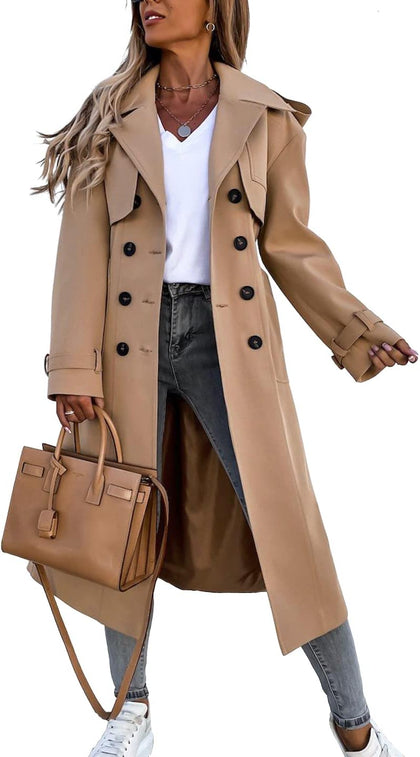Women's Long Trench Coat Double Breasted Windproof Classic Overcoat