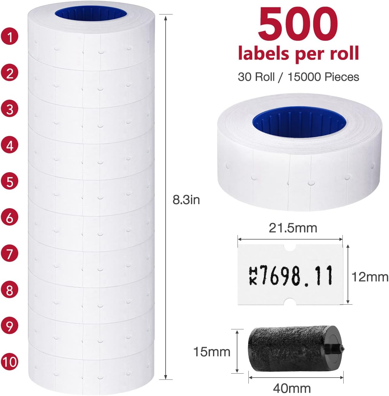 30 Rolls 15000pcs White Price Gun Labels for Mx-5500 Labeller White Pricemarker Stickers Plus 3 Piece Refill Ink