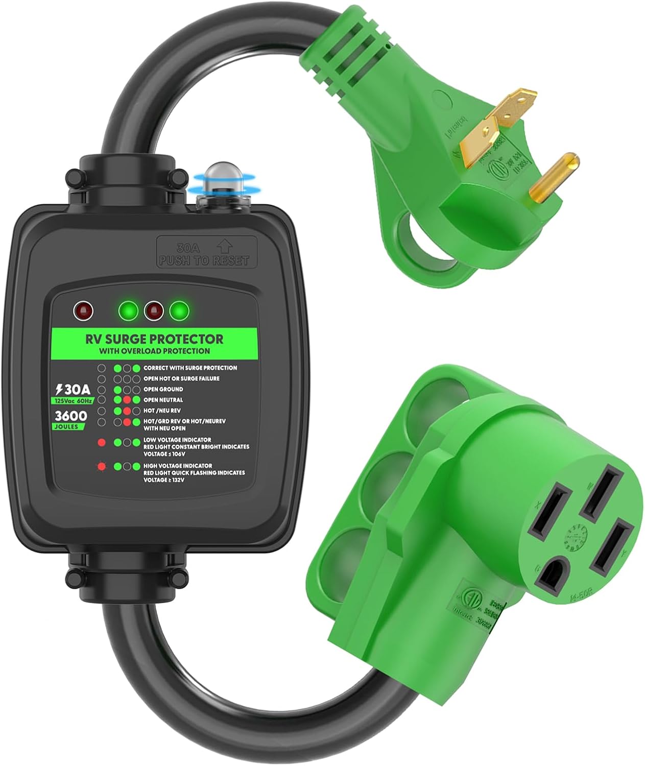 Surge Protector 30 Amp to 50 Amp RV Adapter Cord | NEMA TT-30P to NEMA 14-50R Eletrical Power Adapter with Overload