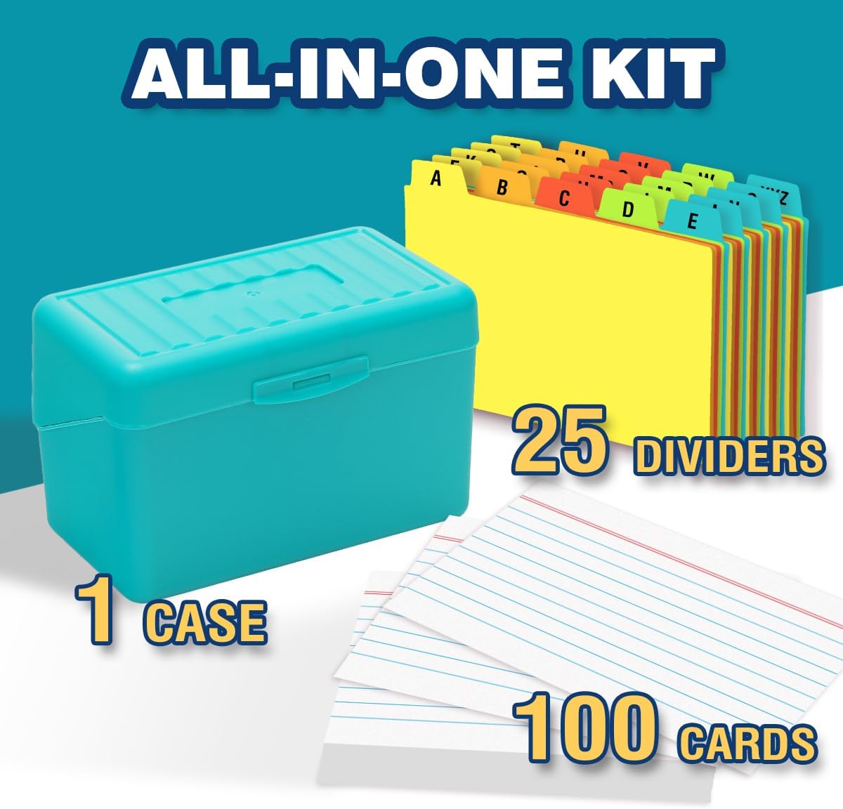 3x5 Index Card Holder with 100 Index Cards and 25 Dividers, Teal | 3x5 Inch Plastic Box, Heavyweight 3x5 Index Cards