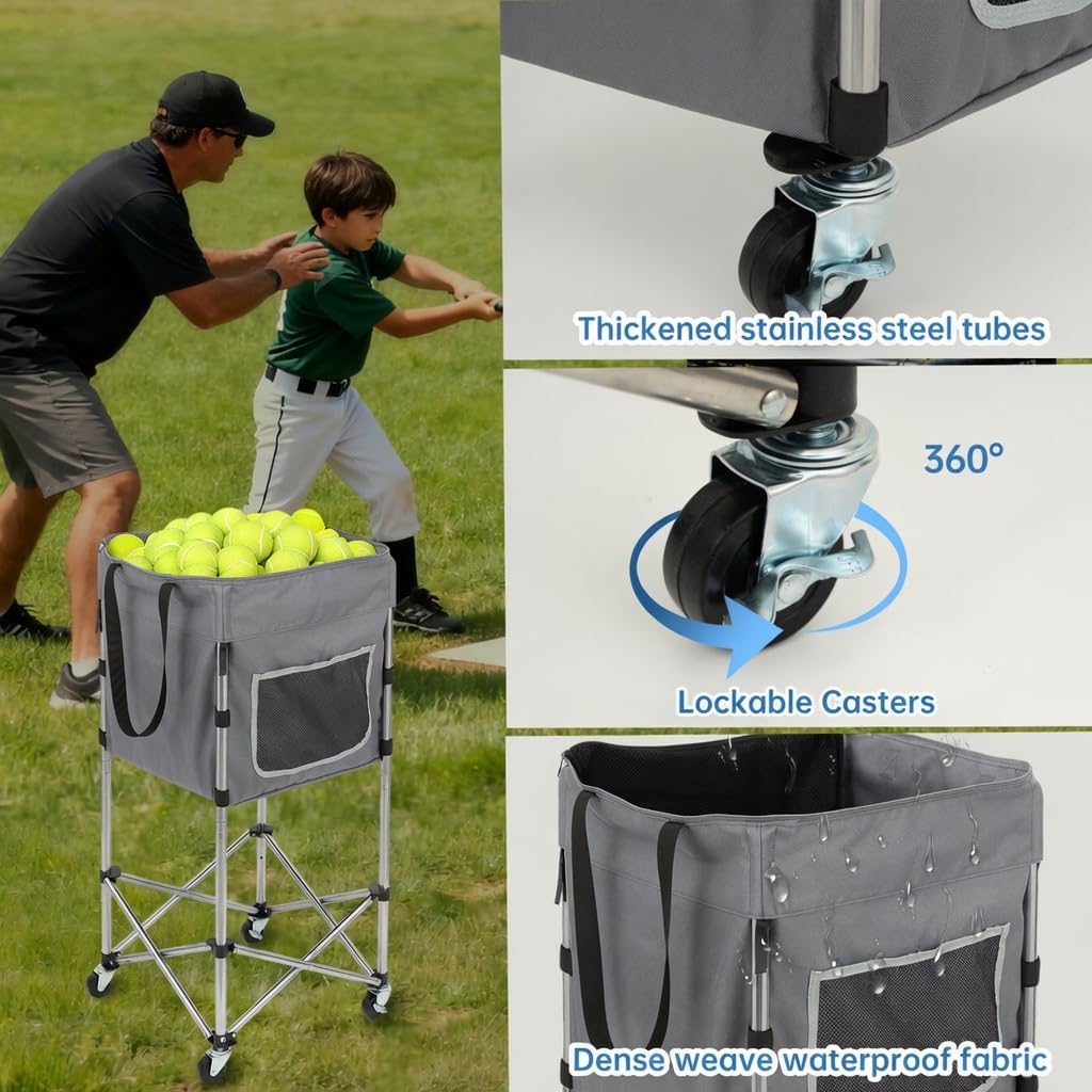Tennis Ball Hopper with Wheels, 180 Capacity Ball Cart, Grey
