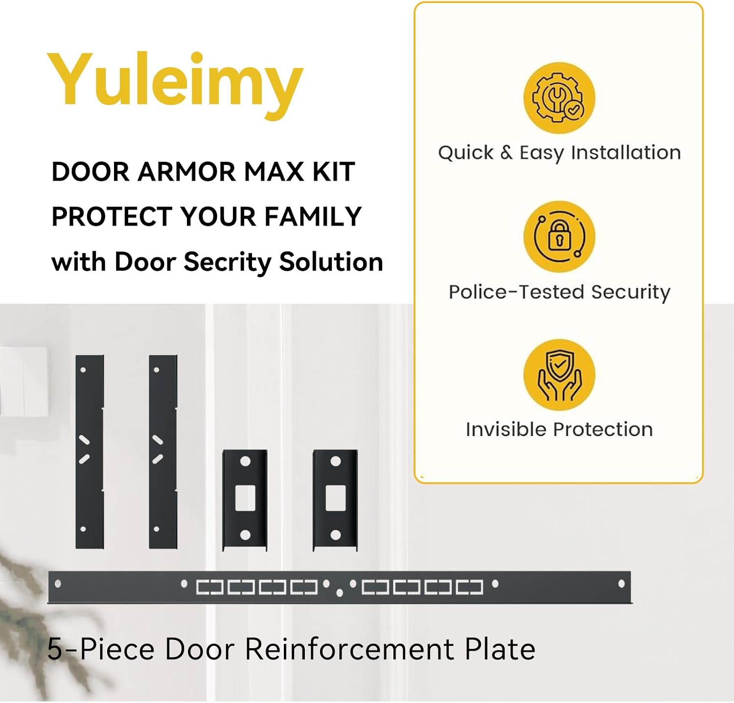 Door Armor MAX Reinforcement Single Door Security Kit, Black | 5-Piece Door Reinforcement Set for Jamb, Frame &