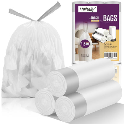 1.6 Gallon Drawstring Kitchen Trash-Bags - Unscented Clear White Plastic Garbage Bags Heavy Duty Bulk Tiny Waste