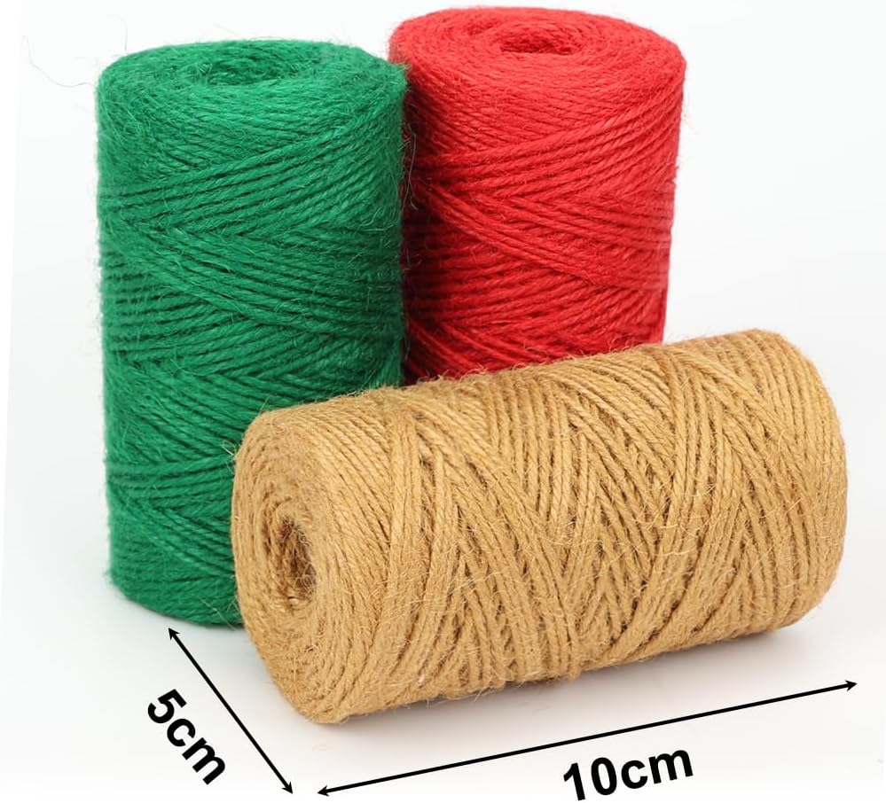 3 Rolls 984 Ft 2mm Colored Jute Twine Red Green Brown for Xmas