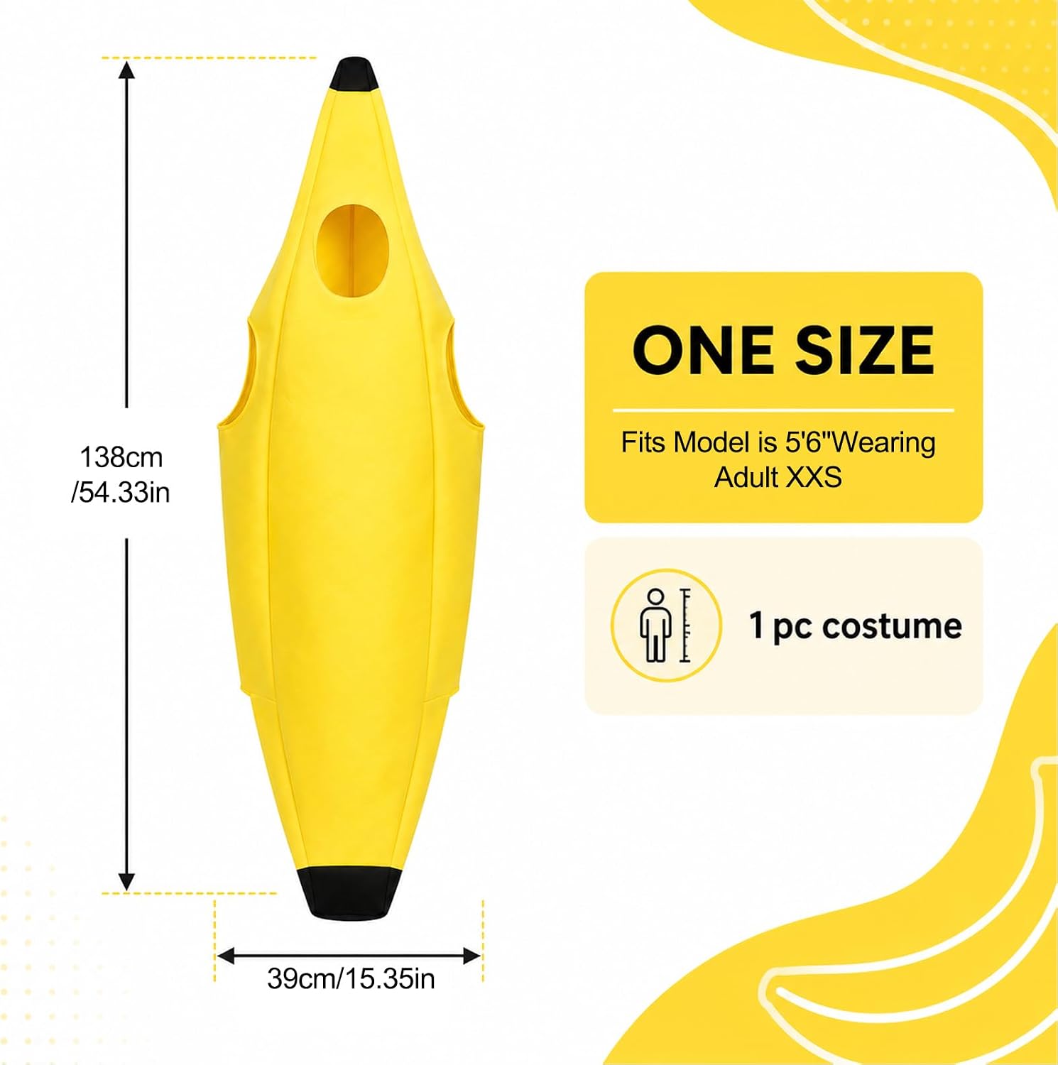 Small Banana Costume Set for Halloween Costume Man Women Dress Up Parties Cosplay Theater and Outdoor Event (54" L x