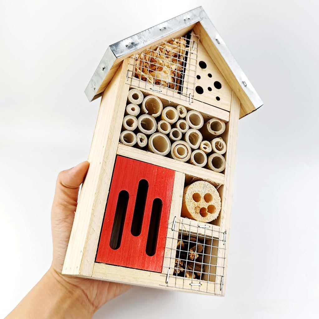 Natural Wooden Hanging Bee House for Gardens Natural Wooden Butterfly Hotel for Bee, Butterfly, Ladybirds, Habitat