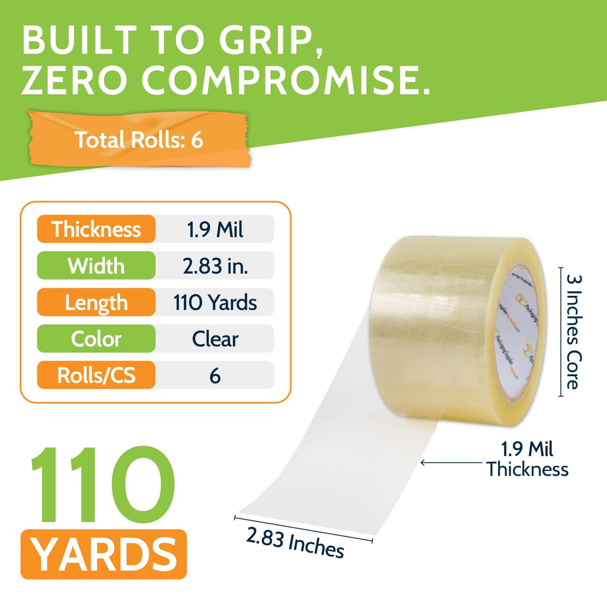 PSBM Clear Packing Tape, 6 Rolls, 1.9 Mil Thick, 2.83 Inch Wide, 110 Yards Per Roll, Total 660 Yards, Heavy Duty Tape
