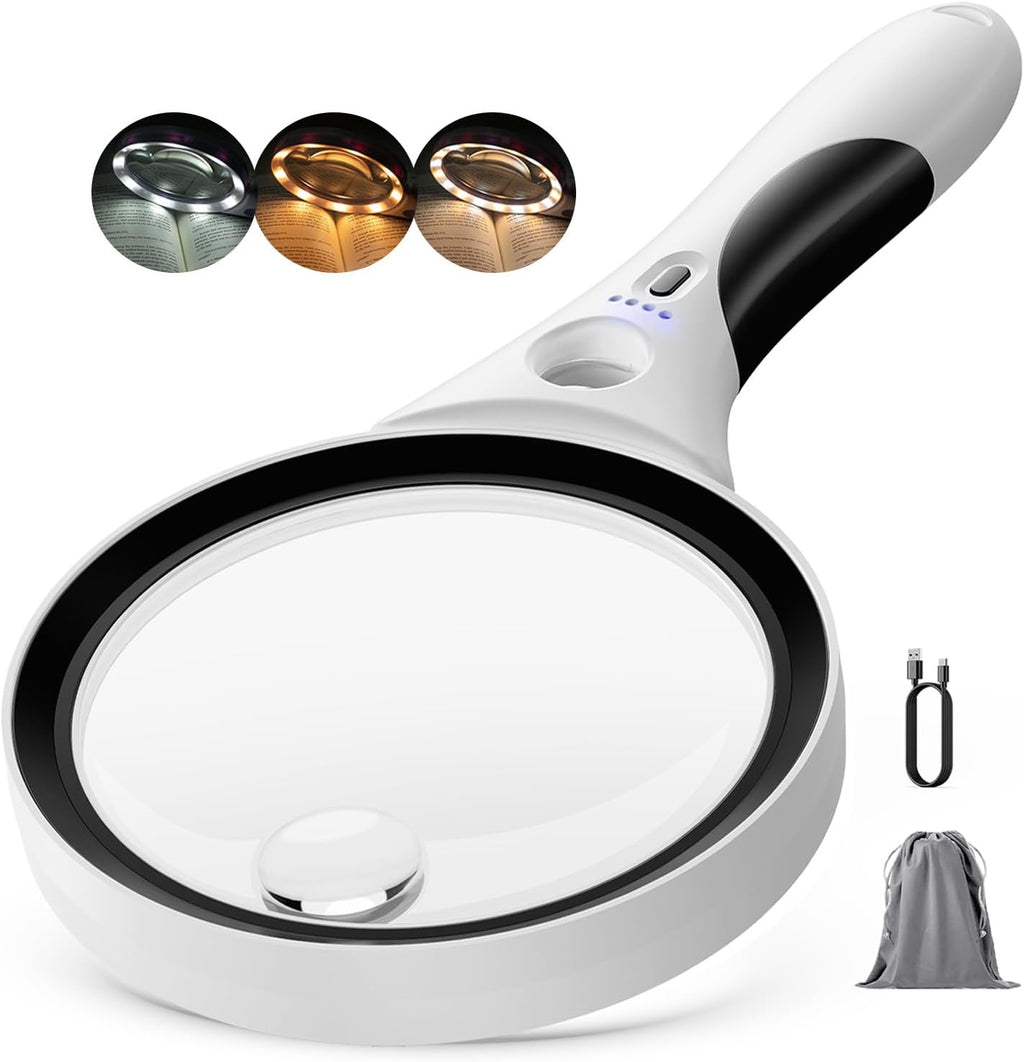 Rechargeable Magnifying Glass with Light, 10X 20X 45X Handheld Lighted Magnifier with 18 LED 3 Modes, 4.3" Anti-Glare