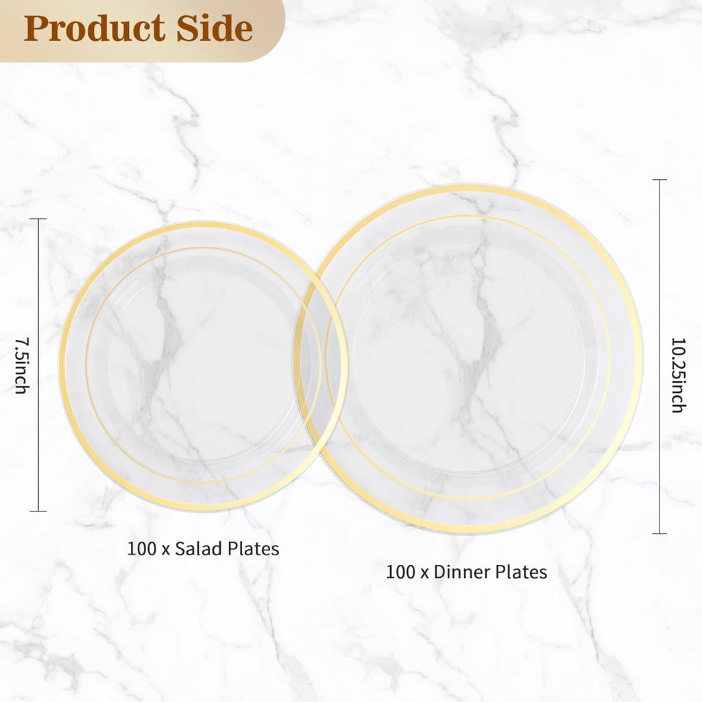 200PCS Clear Gold Plastic Plate, Disposable Party Plates