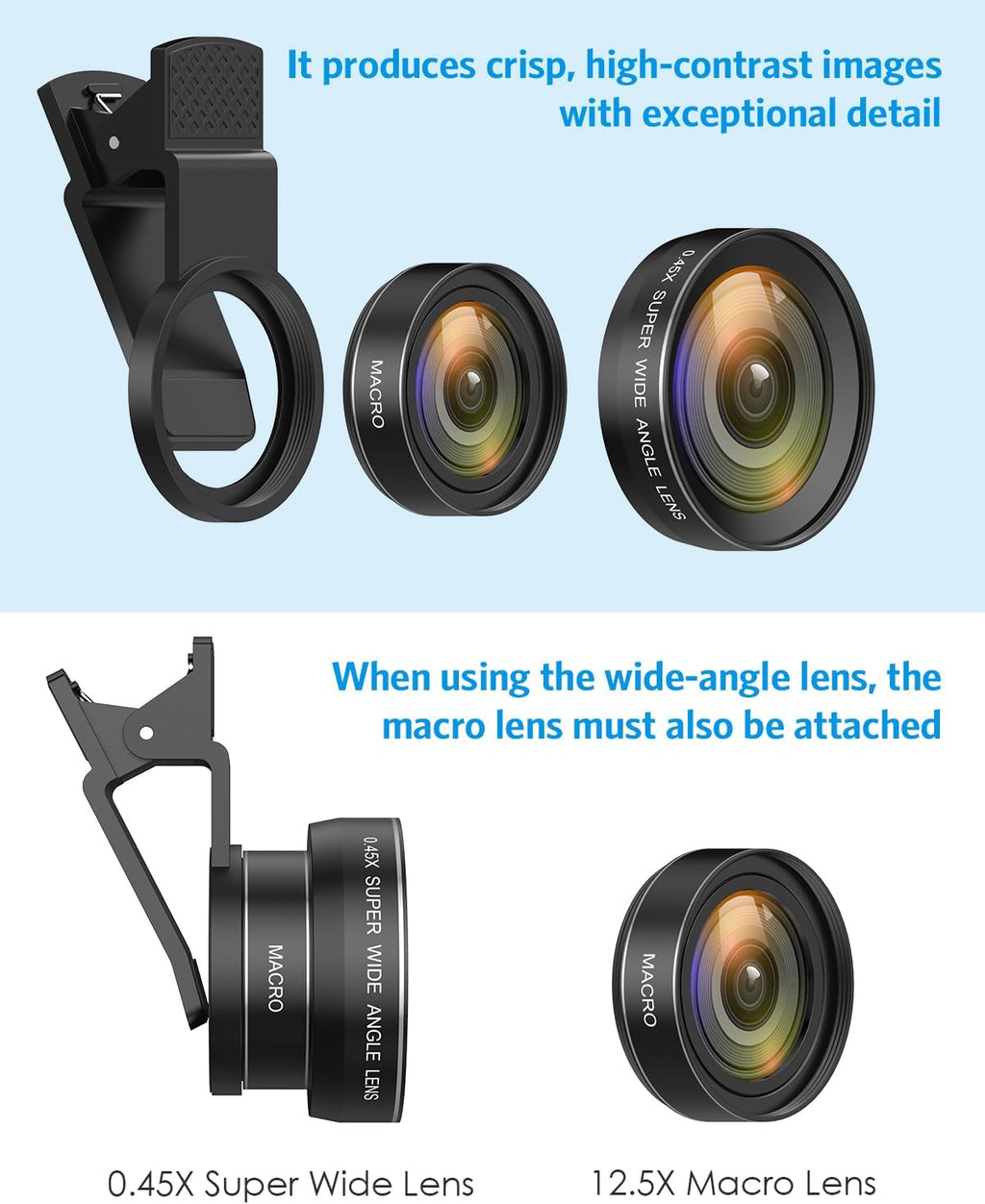 Phone Camera Lens, 0.45X Wide Angle & 12.5X Macro Lens, 2-in-1 Clip-On | 140° Super Wide Angle, HD Optical Glass