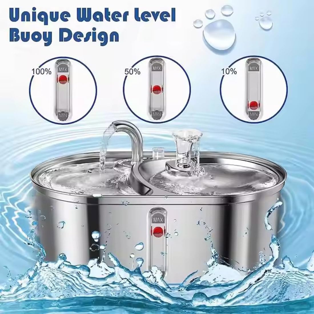 Dual Bowl Cat Water Fountain 3L/101oz,Stainless Steel Pet Drinking Fountain,2-in-1 Cat Bowls for