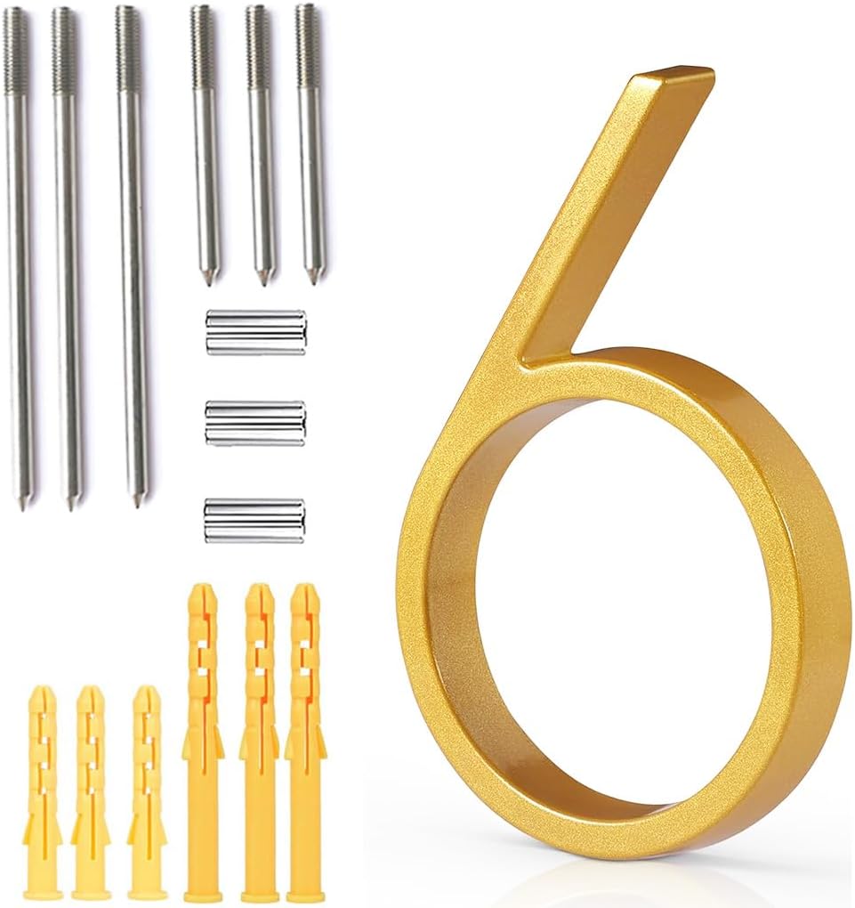 Premium 5" Floating Zinc Alloy House Numbers - Gold & Silver Starry Shine Finish, 304 Stainless Steel Screws, Long &