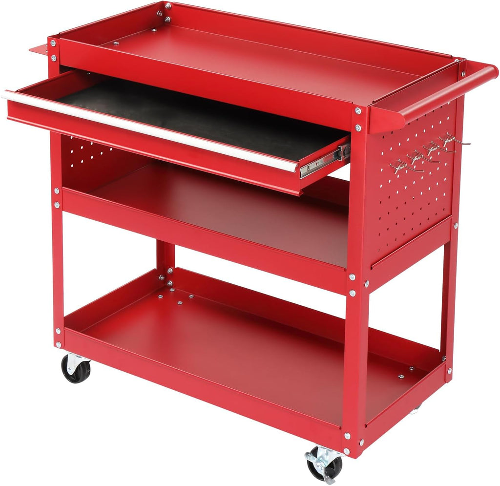 3-Tier Rolling Tool Cart, Heavy Duty Utility Industrial Service Cart on Wheels, with Locked Drawers, Ideal for