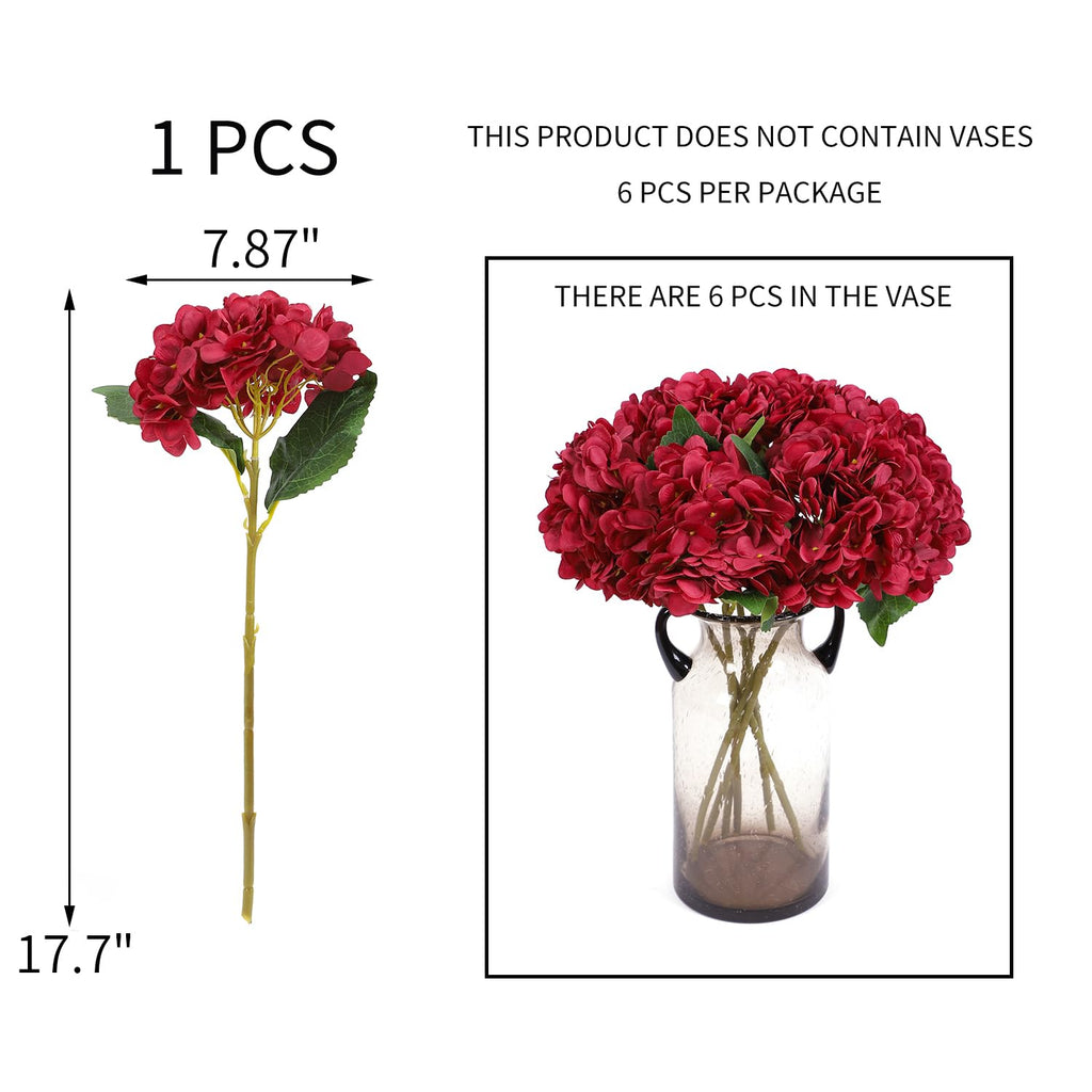 6Pcs Hydrangea Artificial Flowers Silk Hydrangeas,Dark Red