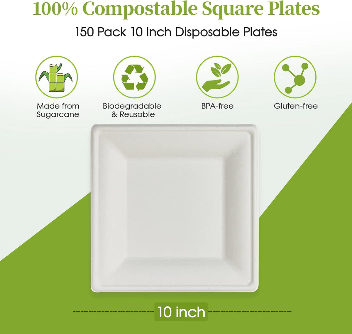 150 Piecs Compostable Square Paper Plates, 10 inch, White