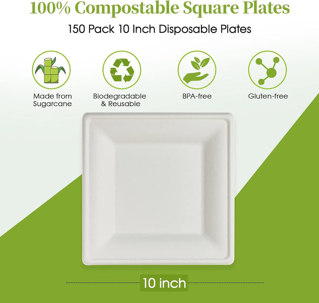 150 Piecs Compostable Square Paper Plates, 10 inch, White