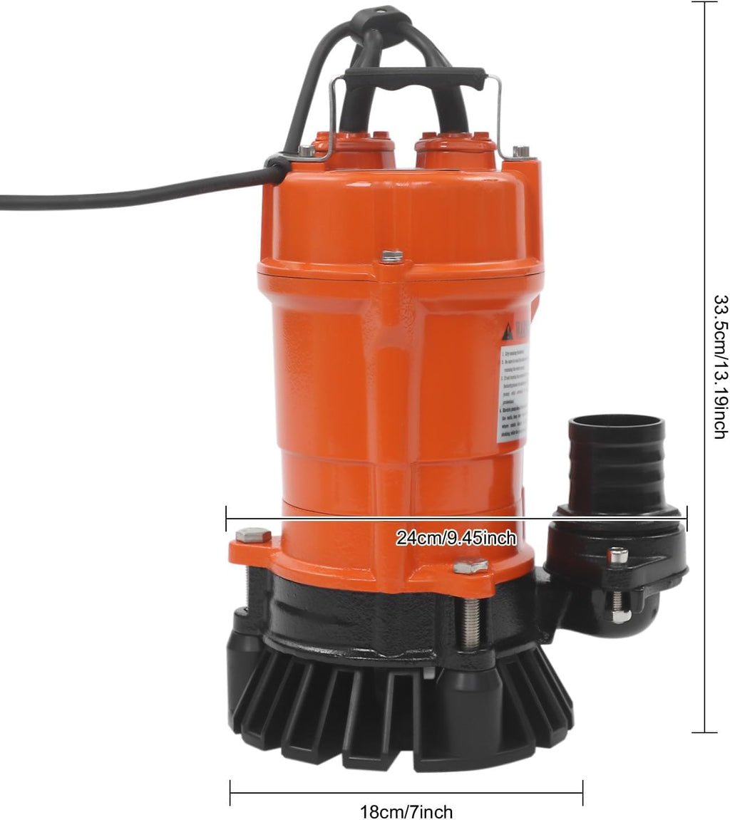 1HP Submersible Sewage Pump, 5019GPH Portable Trash Pump 3420RPM Cast Iron Utility Equipment, 59ft Lift for Basement