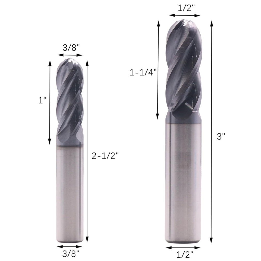 6Pcs 1/8"-1/2" 4 Flute Solid Carbide Ball Nose End Mills Set - AlTiN Coated