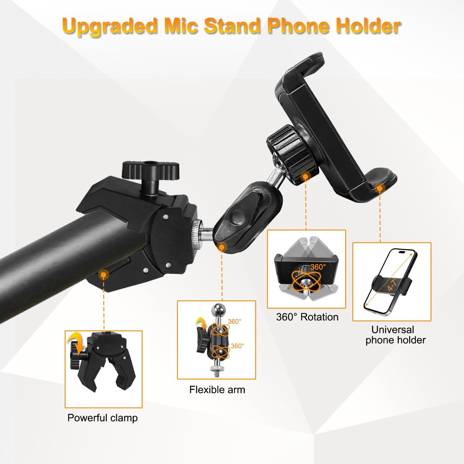 Phone Holder for Mic Stand, Treadmill, Spin Bike, Stroller, Adjustable Clamp on Phone Holder for Microphone Stand