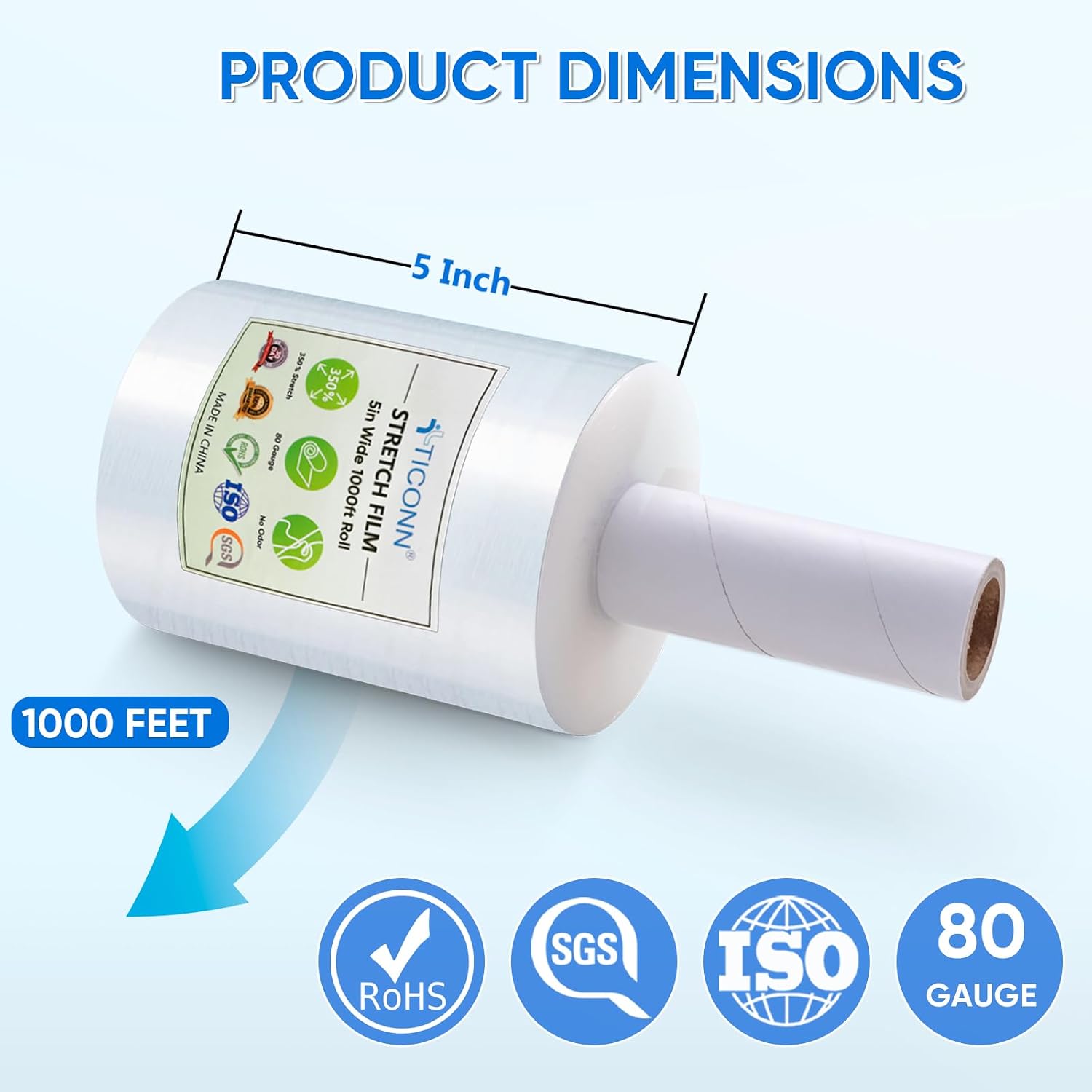 Stretch Wrap Stretch Film Roll, 1000ft Industrial Strength 5 inch Wide Clear Plastic Wrap with Handles for Pallet