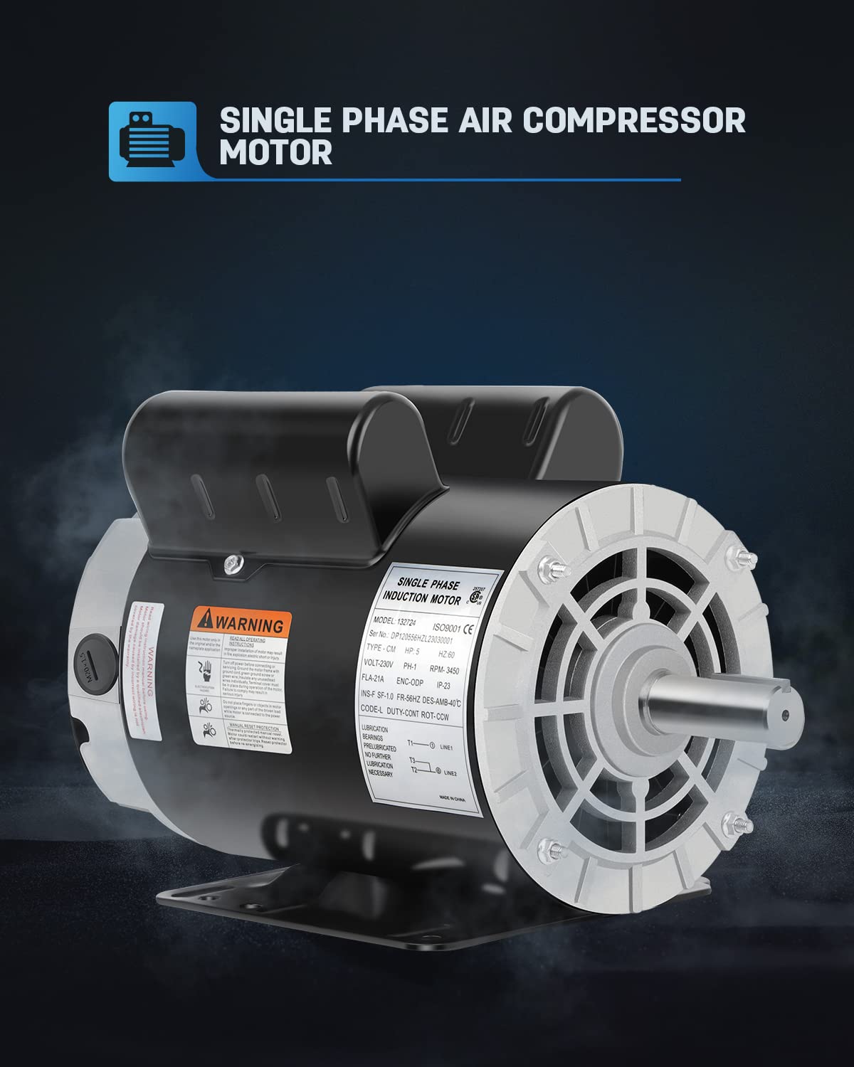 5HP Air Compressor Motor 230V 3450 RPM Single Phase 56HZ Frame ODP