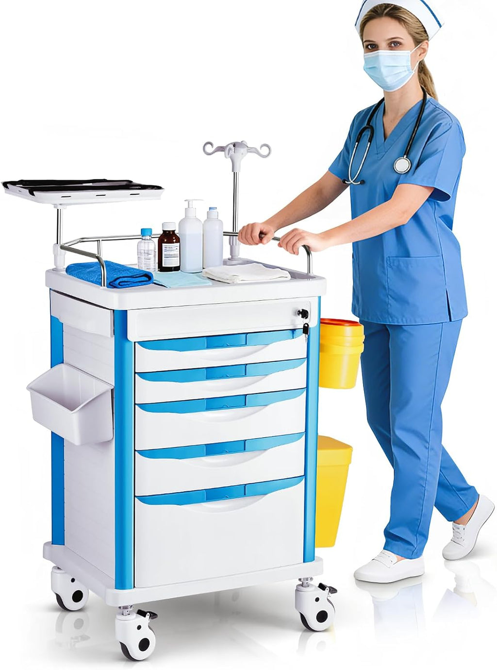 Crash Cart Medical ABS Material, Medical Cart with Drawers, Adjustable IV Pole, Silent Casters, Trash Bins, O2