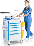 Crash Cart Medical ABS Material, Medical Cart with Drawers, Adjustable IV Pole, Silent Casters, Trash Bins, O2