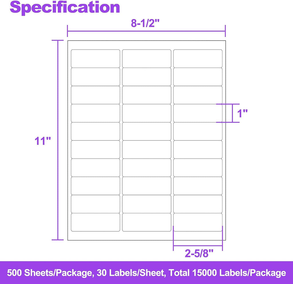 500 Sheets 15000 Address Labels, AveneMark 30-UP 1" x 2-5/8" Shipping Sticker Papers for Laser and Inkjet Printers