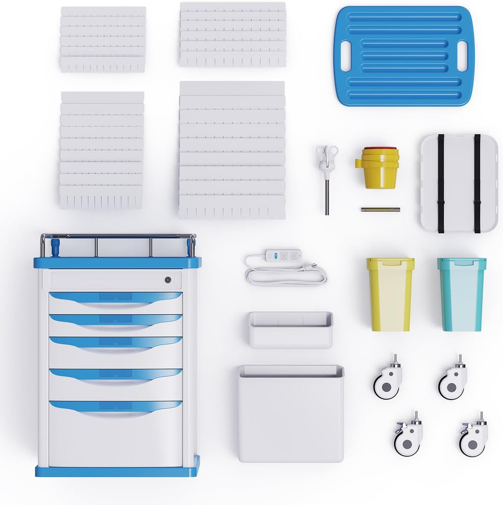 Medical Rolling Crash Cart with Wheels-CPR Board, IV Pole | O2 Holder, Trash Bin, Silent Casters,Drawers with