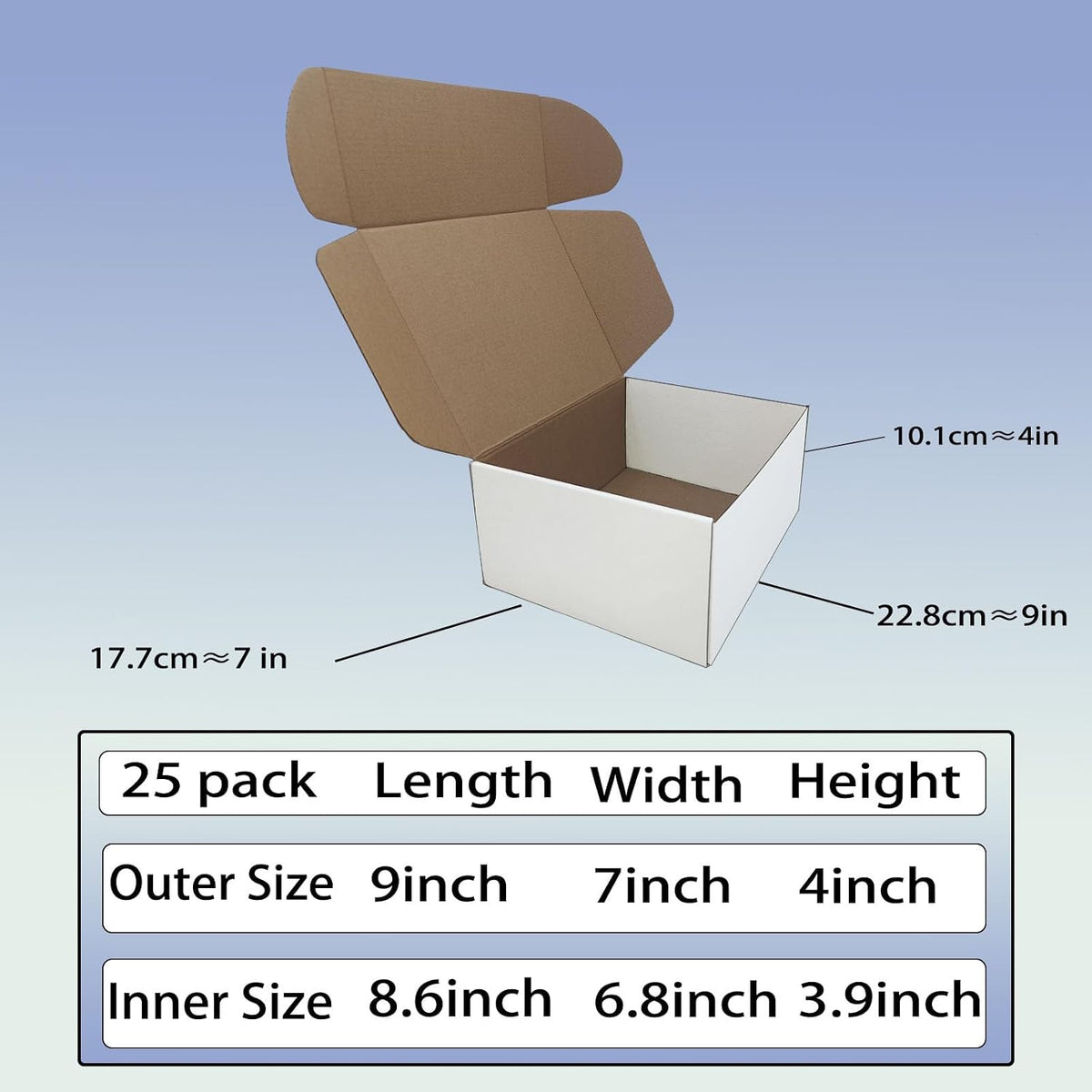 9x7x4 inch Shipping Boxes Set of 25, White Corrugated Cardboard Mailer Box