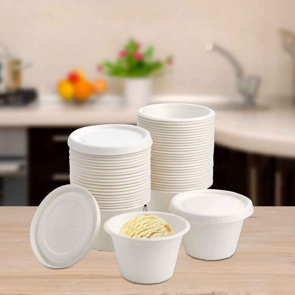 100 Pack Disposable Cups with Lids, 4.5Oz Bagasse Compostable Ice Cream Cup, Small Condiment Portion Sample Container
