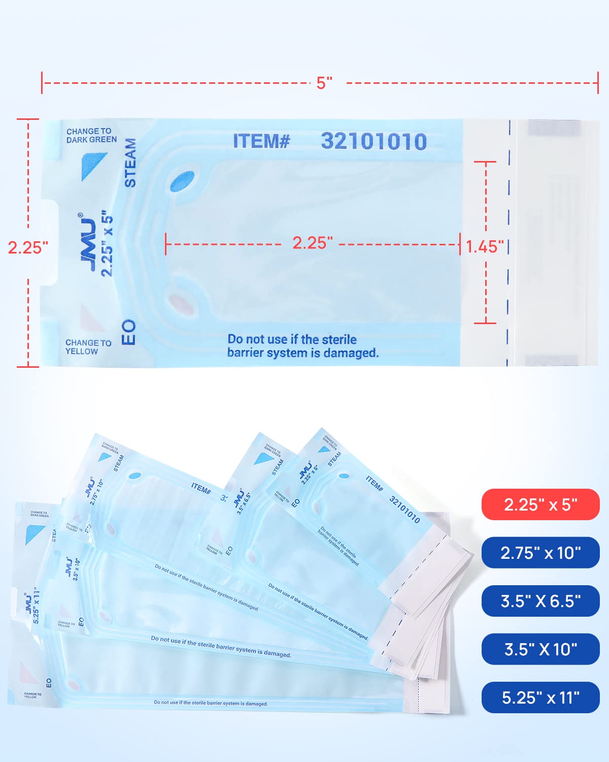 200 Self Sealing Sterilization Pouches, 2.25" x 5" Autoclave Bags | Color Changing Indicator, Latex-Free