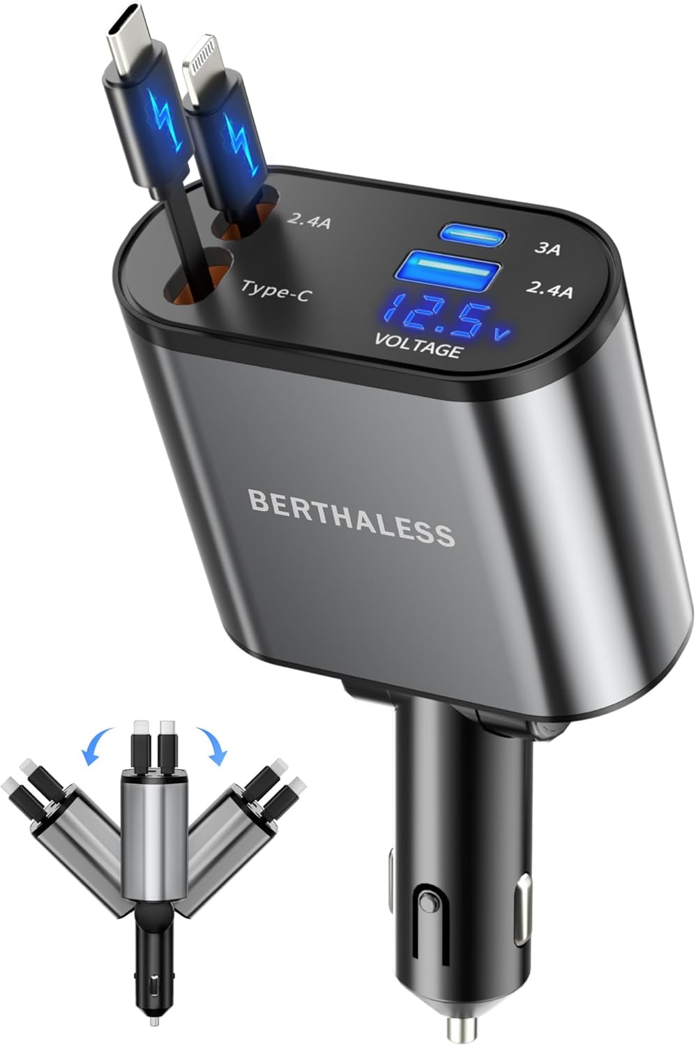 Retractable Car Charger, 4 in 1 Fast Charging Car Charger with USB-C & USB-A, Compatible with iPhone