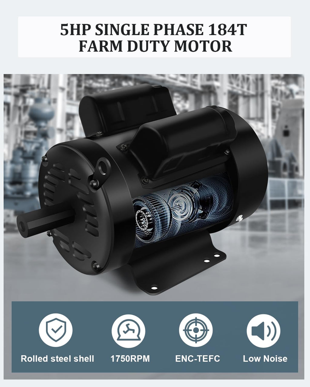 5HP Air Compressor Motor 1750 RPM Single Phase 184T Frame 208V-230V