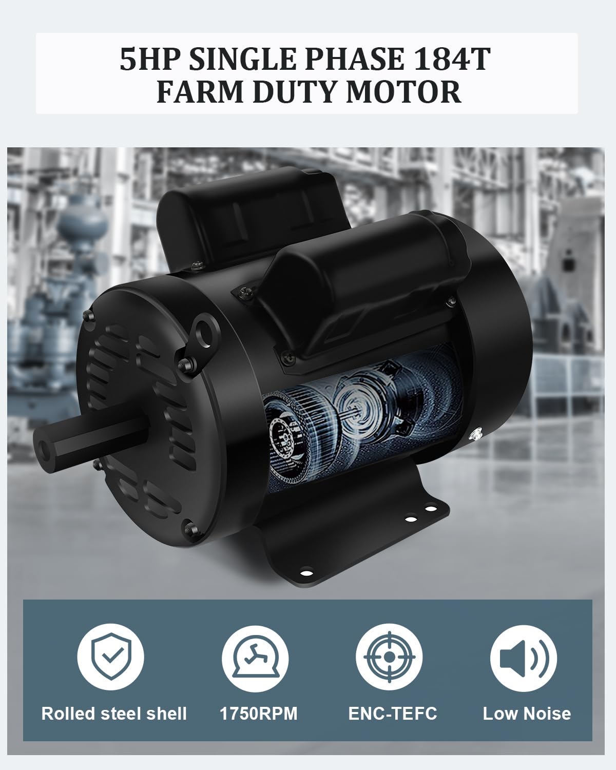 5HP Air Compressor Motor 1750 RPM Single Phase 184T Frame 208V-230V