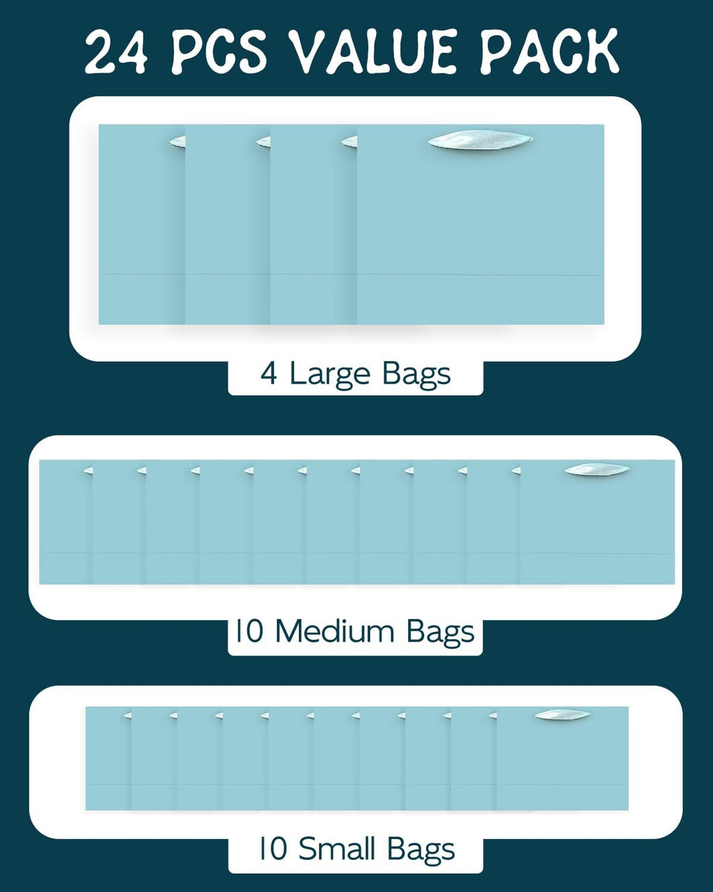 24PCS Lake Blue Gift Bags with Ribbon Handles Mulit Assorted Sizes Gift Wide Bags (4pcs Large 13", 10pcs Medium 9.6"